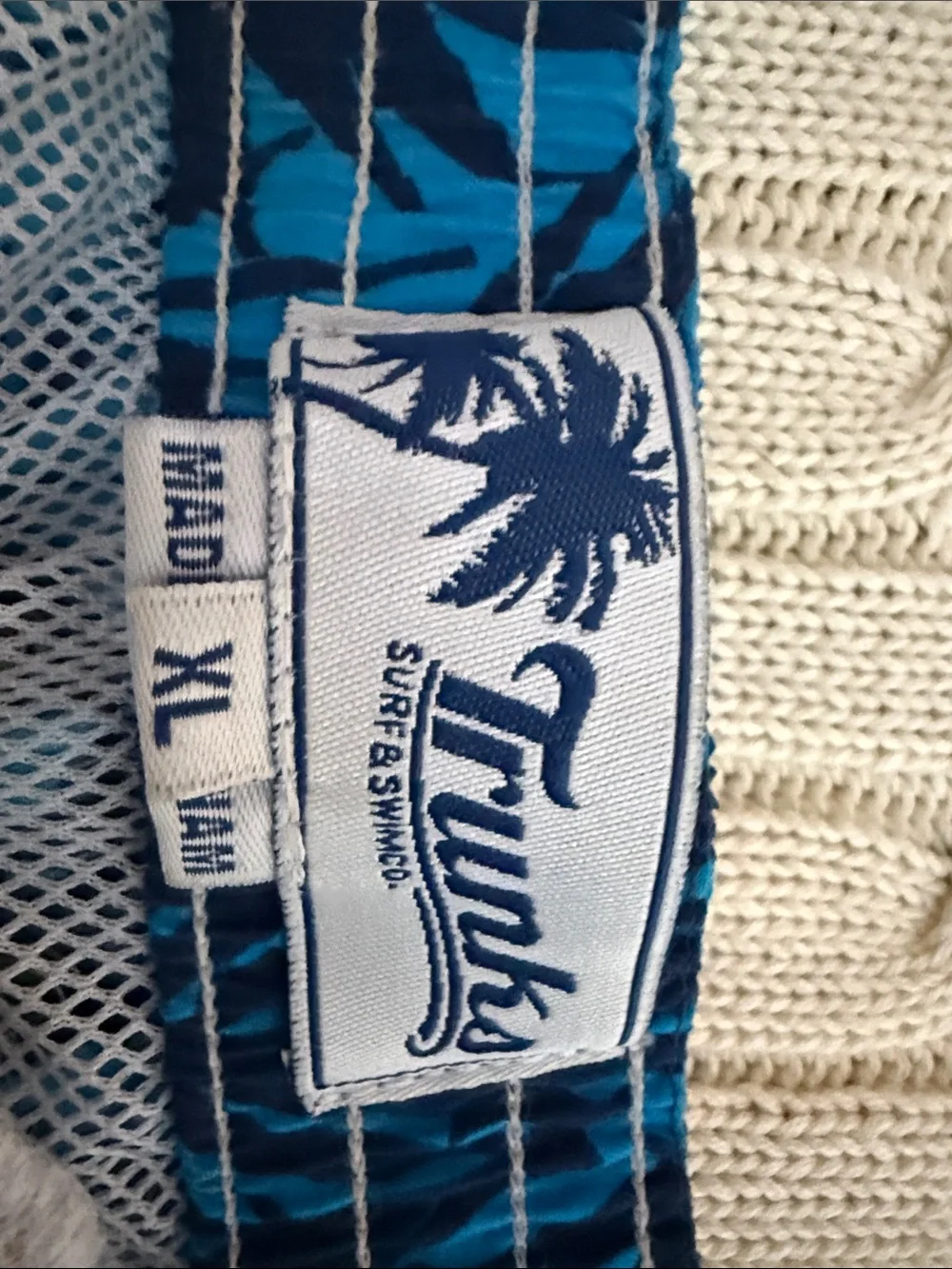 Men's Blue Palm-Print Swim Trunks with White Drawstring